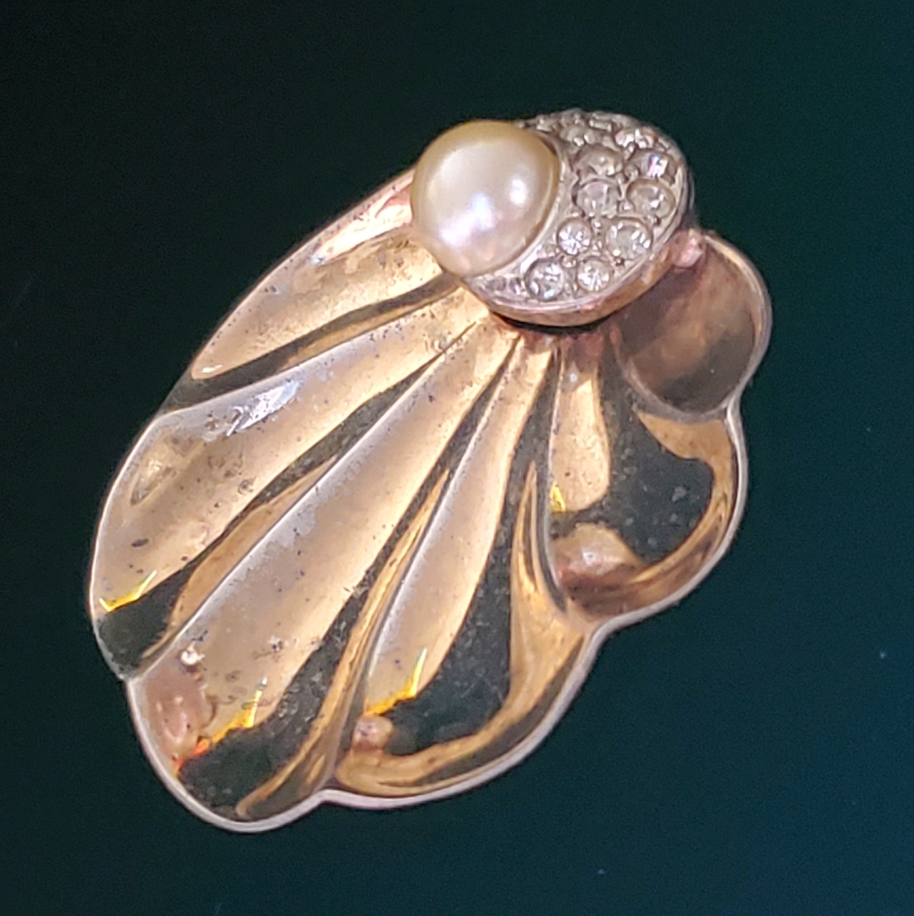 1940's Sterling Boucher Pearl Rhinestone Shell Fur Clip